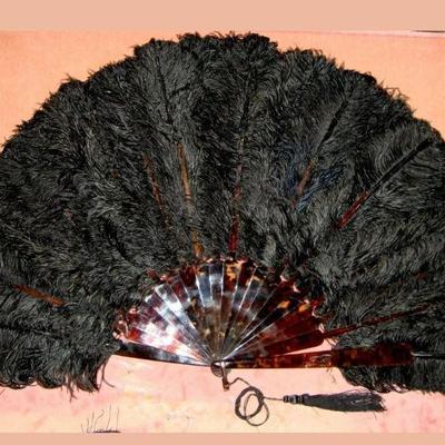 Antique black Ostrich Feathers Tortoise 1920's Hand folding fan 