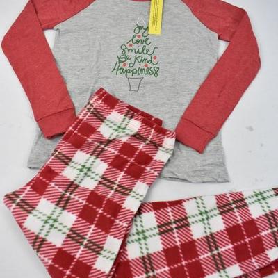 Kids Pajama Set: Red & Gray Christmas Tree & Plaid, Size Large 10-12 - New