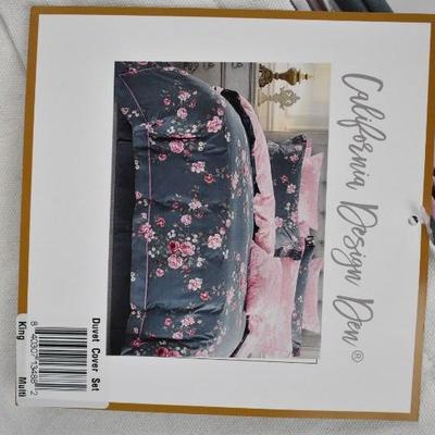 King Size 3 Piece Duvet Cover Set, Blue & Pink Floral by California Design - New