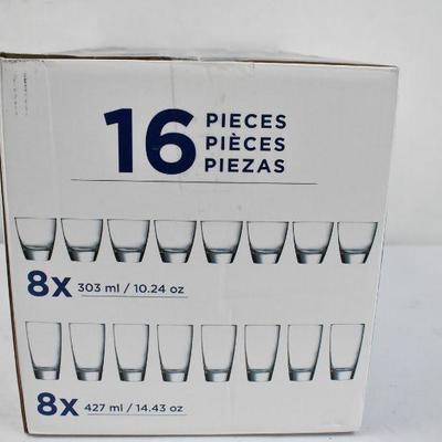 Set of 16 Glasses by Luminarc Eight 10oz & Eight 14oz - New
