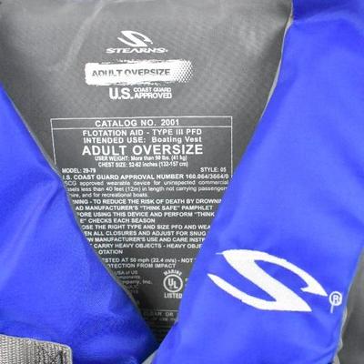 Stearns Adult Oversize Life Jacket Flotation Device, Blue - New