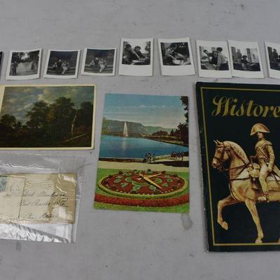 13 Piece Vintage Lot: 9 Photos, 2 Postcards, Letter, and Historex Booklet