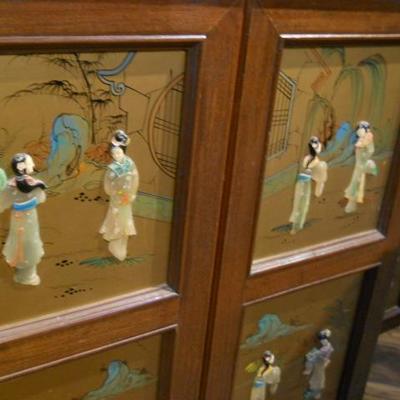  7â€™ Antique Asian Hand Carved Portable Mobile Wooden Bar Cabinet inlaid with gems including nephrite and mother of pearl.
