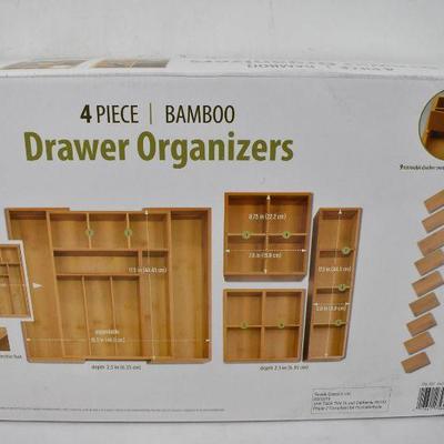 4 Piece Bamboo Drawer Organizers - New, Has Small Chip in One Corner