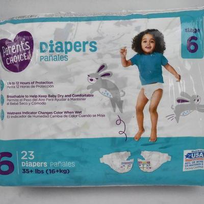 2 Packages Parent's Choice Diapers, Size 6, 23 Diapers (46 Diapers Total) - New