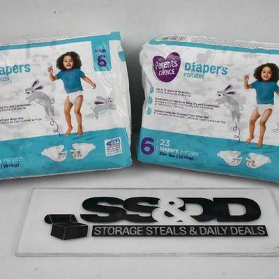 2 Packages Parent's Choice Diapers, Size 6, 23 Diapers (46 Diapers Total) - New