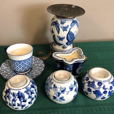 Lot #12 Blue Transferware Candle holders