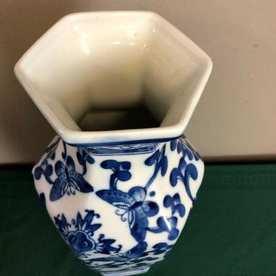 Lot #73 1  Large Vases - blue transfer ware Butterfly Hexagon Shape