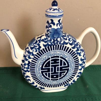Lot #82 Disc Tea Pot Blue Transfer ware 