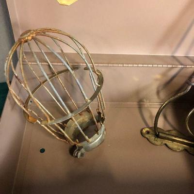 Lot #84 Metal Box w/metal parts; brass plate, hook, basket 