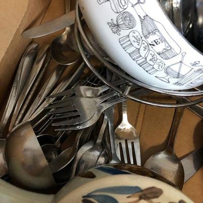 Lot #103 Kitchen items Silverware, pans, bowls, lids