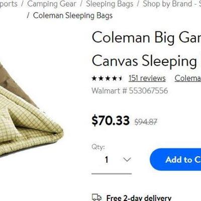 Coleman Big Game, 5 Degree Canvas Sleeping Bag, Walmart Sells for $70