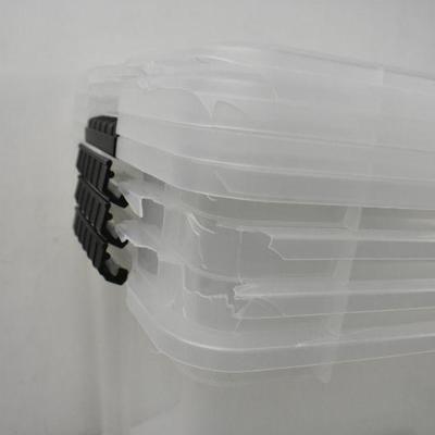 4 Pack of IRIS USA 54 Quart Clear Buckle Up Bins - Corners Dented, Useable