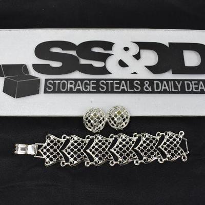 2 Piece Costume Jewelry: Silver Tone Bracelet & Clip-on Earrings - Vintage