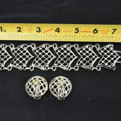 2 Piece Costume Jewelry: Silver Tone Bracelet & Clip-on Earrings - Vintage