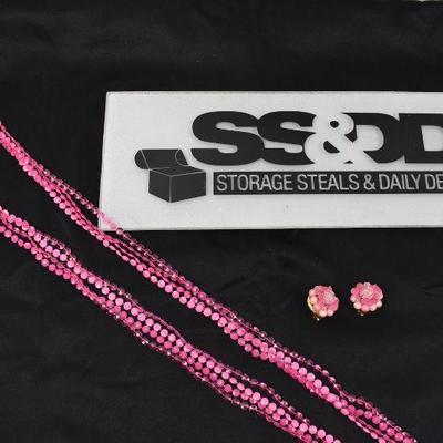 2 Piece Costume Jewelry Pink Necklace & Clip-On Earrings - Vintage