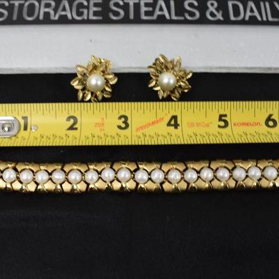 2 Piece Costume Jewelry Gold & Pearl Look: Bracelet & Clip-On Earrings - Vintage