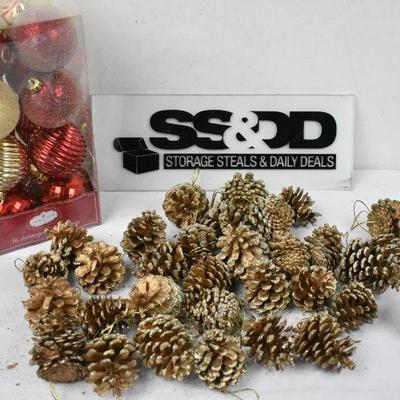 46 Ornaments: 16 Red/Gold, 30 Gold Glitter Pinecones