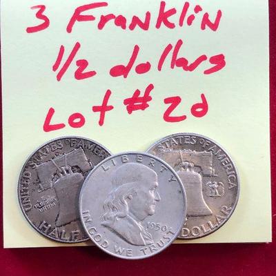 Lot #20 3 Franklin Half Dollars 90% Silver Coins 