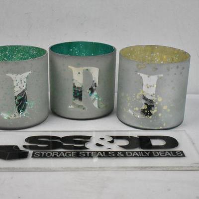 3 Glass Decor Pieces (Vases/Candle Holders?) Green R Gold J & Green J - New