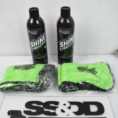 4 Piece Slick Products Car Detailing: Bottles Shine Protectant & Cloths - New