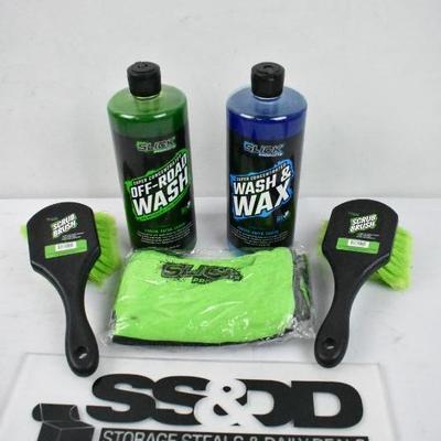 5 Piece Slick Products Car Cleaning: Off-Road, Wash & Wax, Cloths, Brushes - New