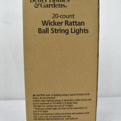 20 Count Wicker Rattan Ball String Lights, for Outdoor or Indoor Use, BH&G - New