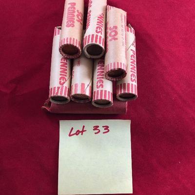 Lot #33- 8 Rolls of pennies US 1 Cent Un-Searched 
