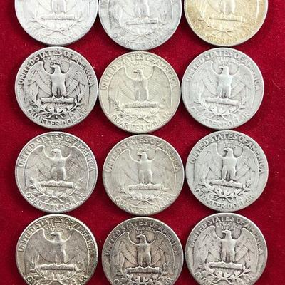 Lot #34- 12 1950's Washington Quarters $3 Face 90% Silver