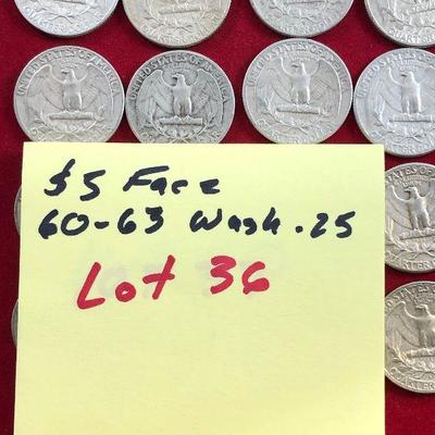 Lot #36- 20 '60-'63 Washington Quarters $5 Face 90% Silver