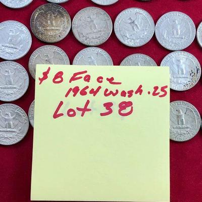 Lot #38- 32 1964 Washington Quarters $8 Face 90% Silver