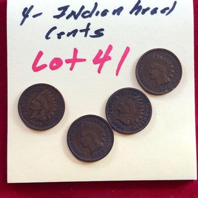 Lot #41- 4 Indian Head Copper Pennies 1 Cent 