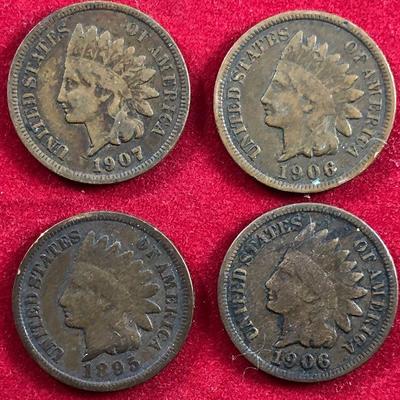 Lot #41- 4 Indian Head Copper Pennies 1 Cent 