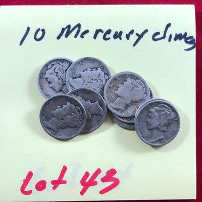 Lot #43- 10 Mercury Dimes Circulated 90% Silver