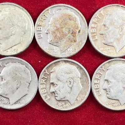 Lot #44- 10 Roosevelt 90% Silver Dimes, Circulated 