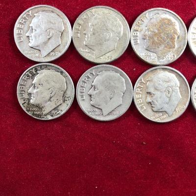 Lot #44- 10 Roosevelt 90% Silver Dimes, Circulated 