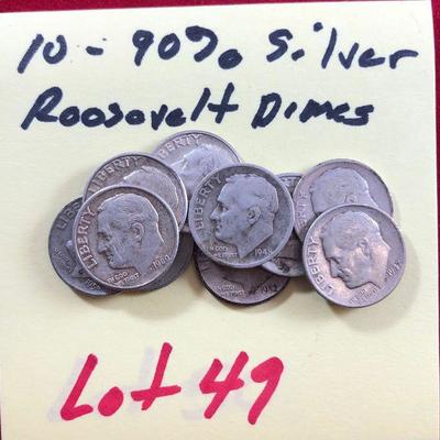 Lot #49- 10 Roosevelt 90% Silver Dimes, Circulated 