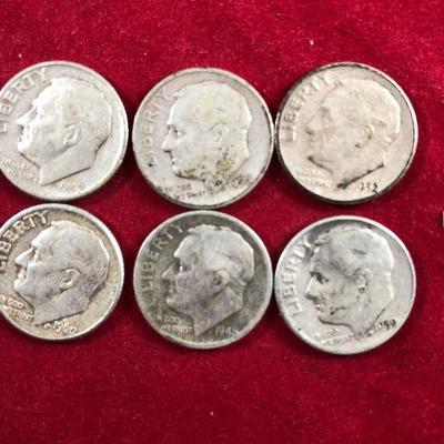 Lot #49- 10 Roosevelt 90% Silver Dimes, Circulated 