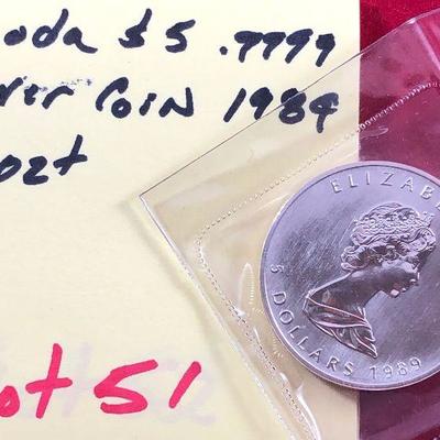 Lot #51- 1989 Canadian $5 Coin 1 ozt .9999 Silver Bullion. 