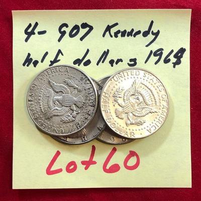 Lot #60- 4 1964 Kennedy Half Dollars 90% Silver Coins