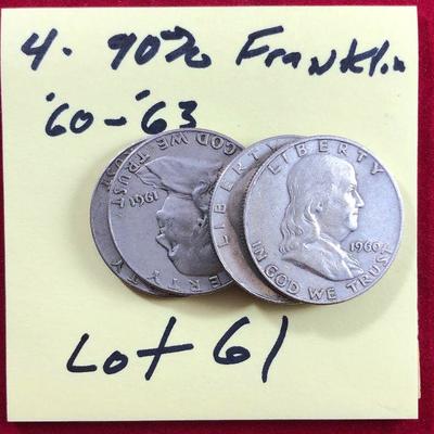 Lot #61- 1960-63 Franklin Half Dollars 4 90% Silver Coins.