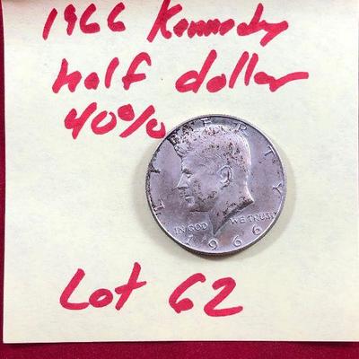 Lot #62- 1966 Kennedy Half Dollar 40% Silver Coin