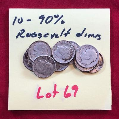 Lot #69- 10 90% Silver Roosevelt Dimes 