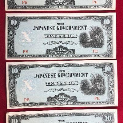 Lot #77- 4 Japanese 10 Peso Notes WWII Currency WW2