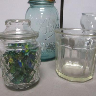 Lot 31 - Variety Of Glass Items - Jars Candle Holder & Marbles