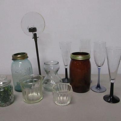 Lot 31 - Variety Of Glass Items - Jars Candle Holder & Marbles