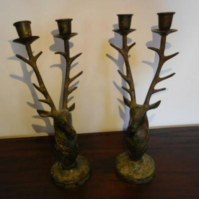 Pair of Brass Stag Head Candle Holders 13
