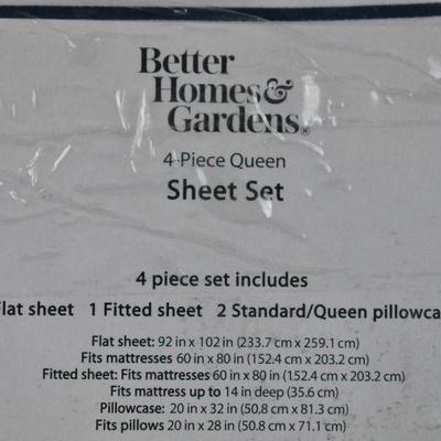 4 Piece Queen Sheet Set, White Blue Stripe by BH&G 100% Cotton - New