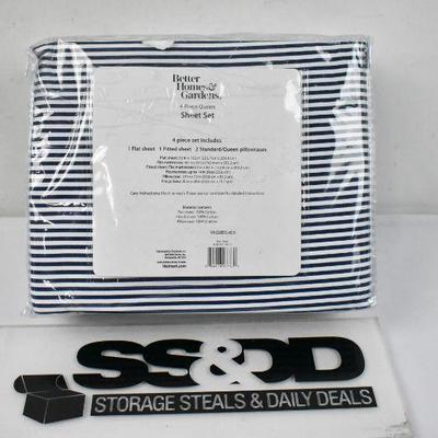4 Piece Queen Sheet Set, White Blue Stripe by BH&G 100% Cotton - New