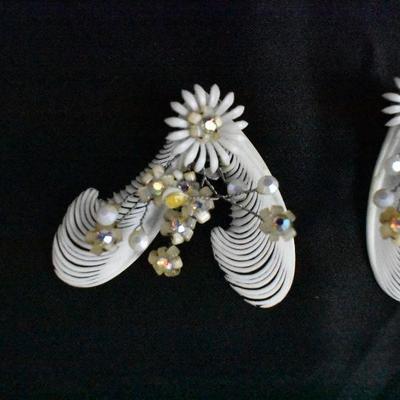 Vintage Clip On Earrings: Soft Plastic White Feather With Rhinestones, Germany